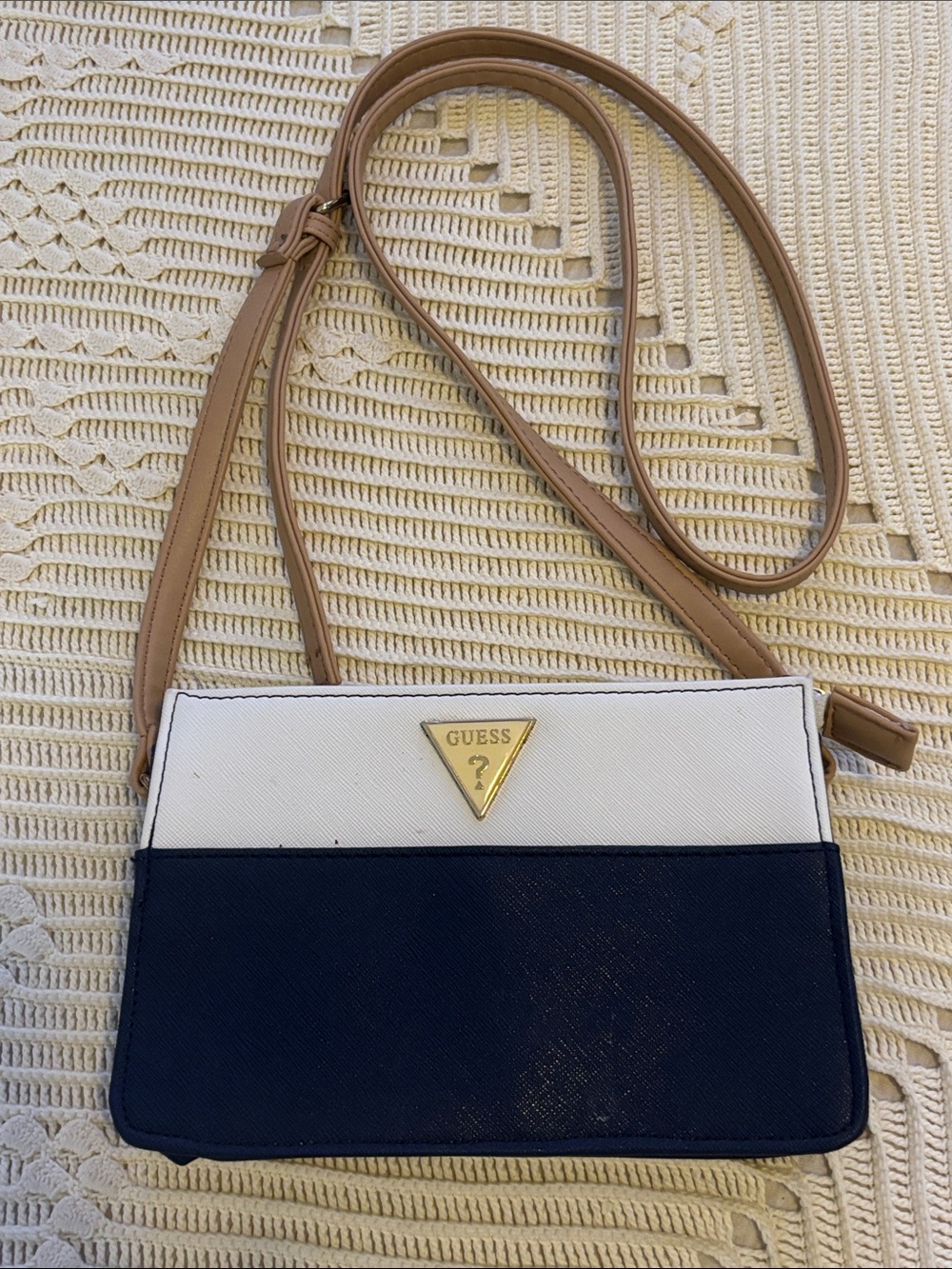 GUESS Navy, White and Tan Colorblock Crossbody Bag